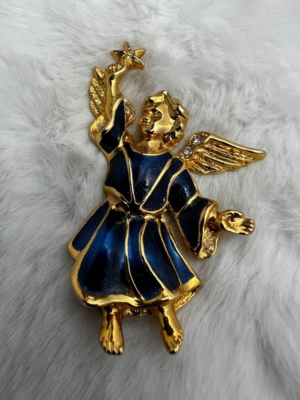 Vintage Gold Tone and Navy Blue Enamel Angel Brooch